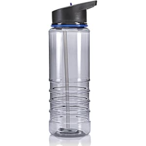 A drink bottle with a clear body, black lid, and blue accent, featuring a built-in straw and a logo.