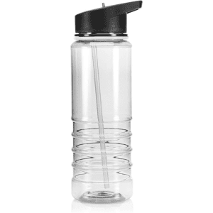 A drink bottle made of clear plastic with a black lid and a built-in straw. It features a ribbed design.