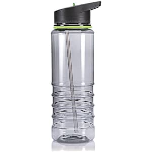 A drink bottle in clear plastic with a black and green lid, featuring a straw and a ribbed design.