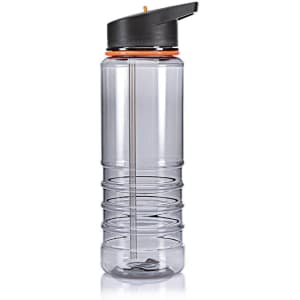 A drink bottle in clear plastic with a black lid and orange accent, featuring a built-in straw and ribbed design.