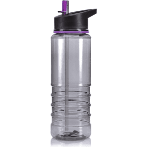 A drink bottle in clear plastic with a black lid and a purple ring, featuring a straw and a textured grip.