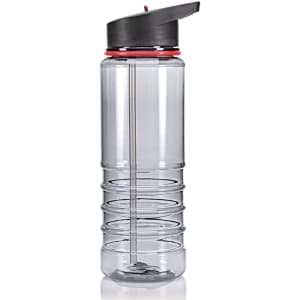 A drink bottle in clear plastic with black and red accents, featuring a removable straw and a secure lid.