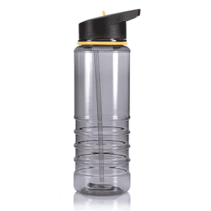 A drink bottle in clear plastic with a black lid and yellow accents, featuring a built-in straw.