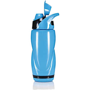 A blue drink bottle with a black lid and spout, featuring a logo on its body.