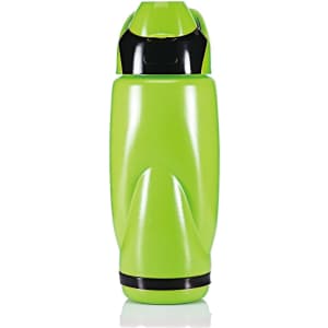 A green drink bottle with a black accent and a secure flip-top lid, featuring a logo.