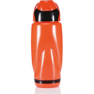 An orange coffee mug with a black lid, featuring a sleek design and a logo.