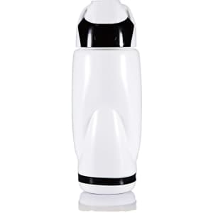 A drink bottle in white with black accents, featuring a sleek design and a logo.