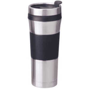 A drink bottle in stainless steel with a black silicone grip and a lid. Features a sleek, modern design.