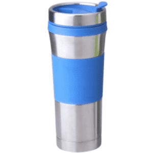 A drink bottle with a stainless steel body, featuring a blue silicone grip and lid.