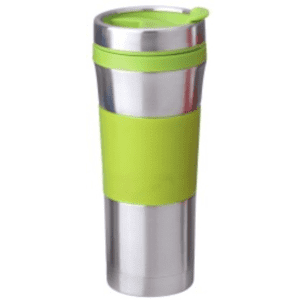 A drink bottle featuring a stainless steel body with a green silicone grip and lid. It has a sleek design and a logo.