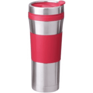A drink bottle with a stainless steel body and a pink silicone grip and lid. It features a sleek, modern design.