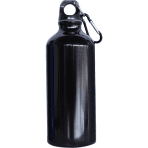 A drink bottle in shiny black metal with a carabiner clip. Features a simple design without visible branding.