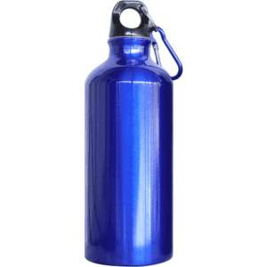 A drink bottle in a glossy blue finish, featuring a black cap and a metal loop for attachment.