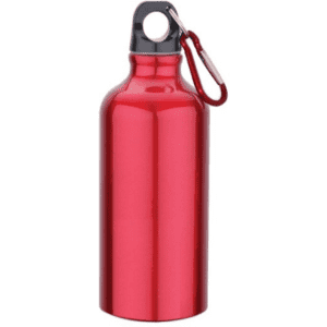 A drink bottle in vibrant red, featuring a metallic finish and a carabiner clip. It has a simple logo on the side.