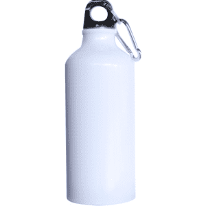 A drink bottle in white with a silver carabiner attached. It features a sleek, cylindrical design.
