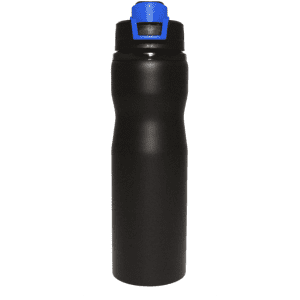 A drink bottle in black with a blue cap and a logo on the front.
