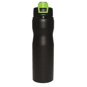 A drink bottle in matte black with a bright green lid and a logo on the front.