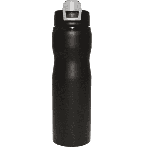 A drink bottle in matte black with a grey lid and a built-in spout. It features a logo on the side.