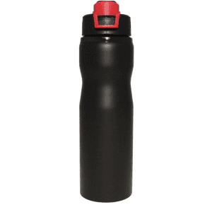 A drink bottle in black with a red cap and a logo on the side.