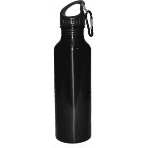 A drink bottle in sleek black, featuring a screw top and a carabiner clip for easy attachment.