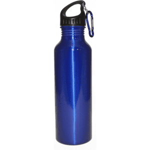 A drink bottle in shiny blue with a black cap and a carabiner attached. It features a logo on the front.