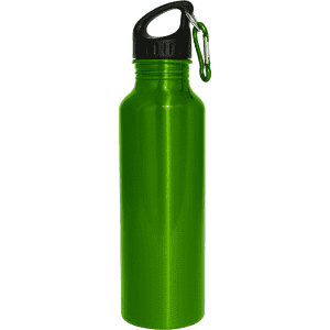 A drink bottle in a bright green finish, featuring a black lid and a carabiner for easy attachment.