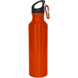 A drink bottle in bright orange with a black cap and carabiner attached. It features a logo.