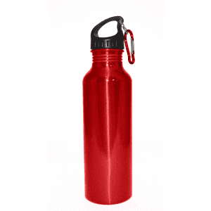 A drink bottle in shiny red with a black lid and a carabiner attached for easy carrying.