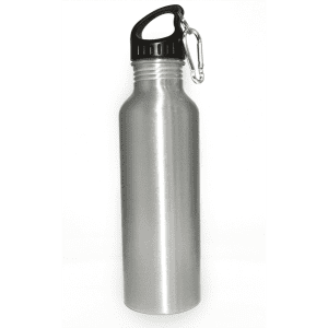 A drink bottle made of stainless steel with a black cap and a built-in carabiner for easy attachment.