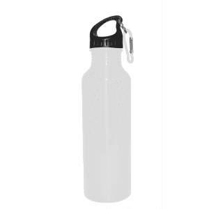 A drink bottle in white with a black cap and a carabiner clip for easy attachment. Features a logo on the side.