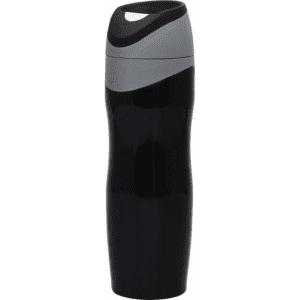 A drink bottle in black with a grey top, featuring a sleek, curved design and a logo.
