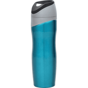 A drink bottle in a sleek blue and grey design, featuring a logo on its surface.