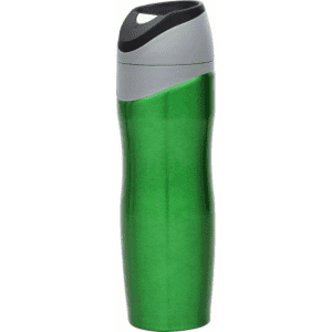 A drink bottle in bright green with a grey lid and a sleek, curved design. Features a logo on the surface.