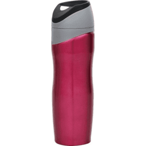 A drink bottle in pink and grey, featuring a sleek design and a removable lid.