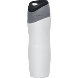A drink bottle with a sleek white body and a grey, curved lid featuring a built-in handle.