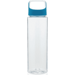 A drink bottle with a transparent body and a blue lid, featuring a logo on the lid.