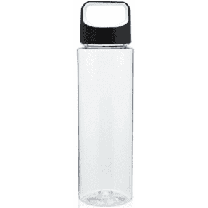 A drink bottle in clear plastic with a black lid and a square opening at the top. It features a logo.