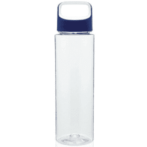 A drink bottle with a clear body and a navy blue cap, featuring a logo on the side.