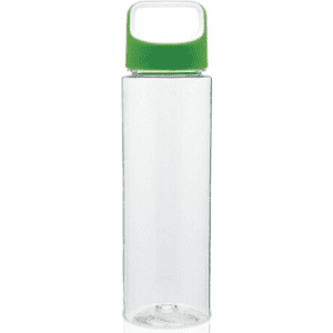 A drink bottle with a clear body and a green lid, featuring a simple design and a logo on the side.