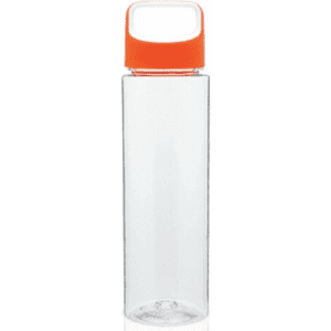 A drink bottle made of clear material with an orange cap and a logo on the side.