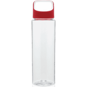 A drink bottle with a clear body and a red lid, featuring a simple design and a logo.