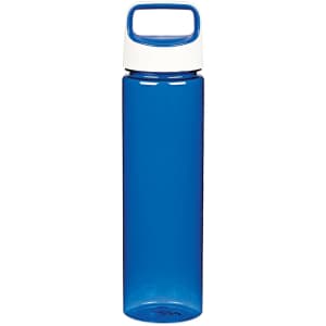 A drink bottle in bright blue with a white cap and a handle on the lid. It features a logo on the side.