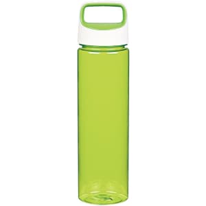 A drink bottle in vibrant green with a white cap and handle, featuring a logo on the side.