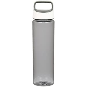A drink bottle in grey with a white lid and a handle for easy carrying, featuring a logo.