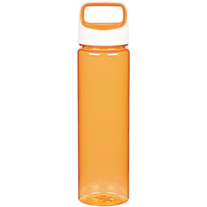 A drink bottle in vibrant orange with a white lid and handle. It features a logo on the bottle.