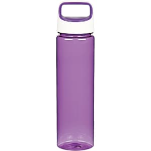 A drink bottle in a translucent purple colour with a white lid and a handle on top. It features a logo on the front.