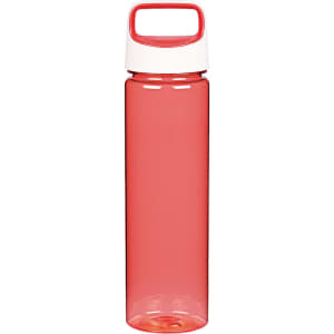 A drink bottle in a vibrant red hue with a white lid and a convenient handle.