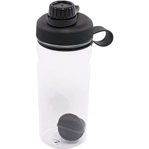 A drink bottle in clear plastic with a black lid and spout, featuring a carrying handle and a round ball inside.