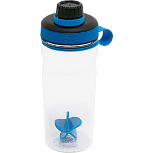 A drink bottle with a transparent body, blue accents, and a black cap featuring a logo.