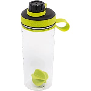 A drink bottle in transparent plastic with a black lid and bright green accents, featuring a fruit infuser ball.
